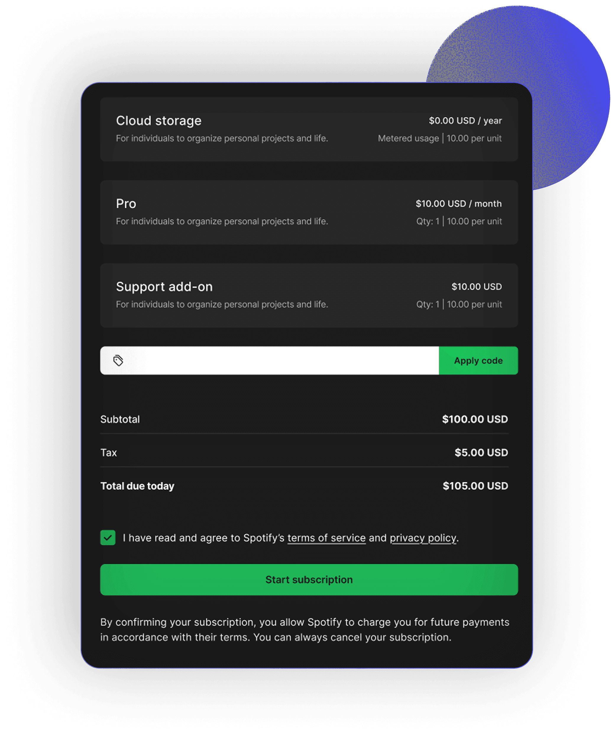 Tiered pricing, add-ons and promotions modeled on one plan