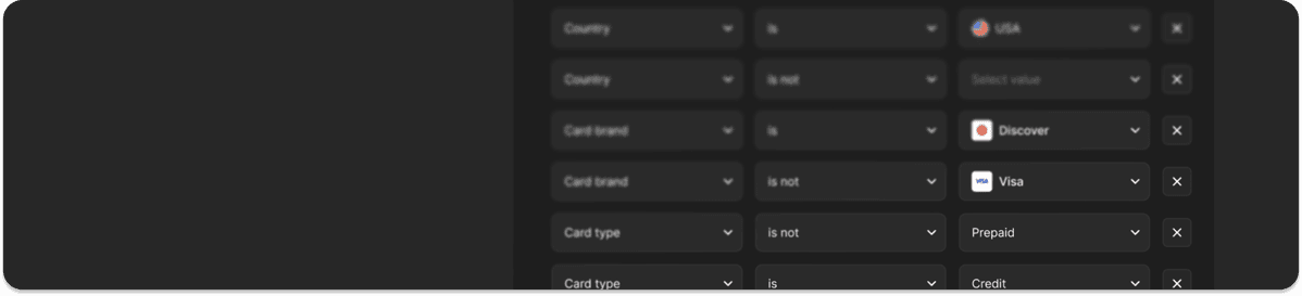 Subscription rules built from country, card brand and card type conditions