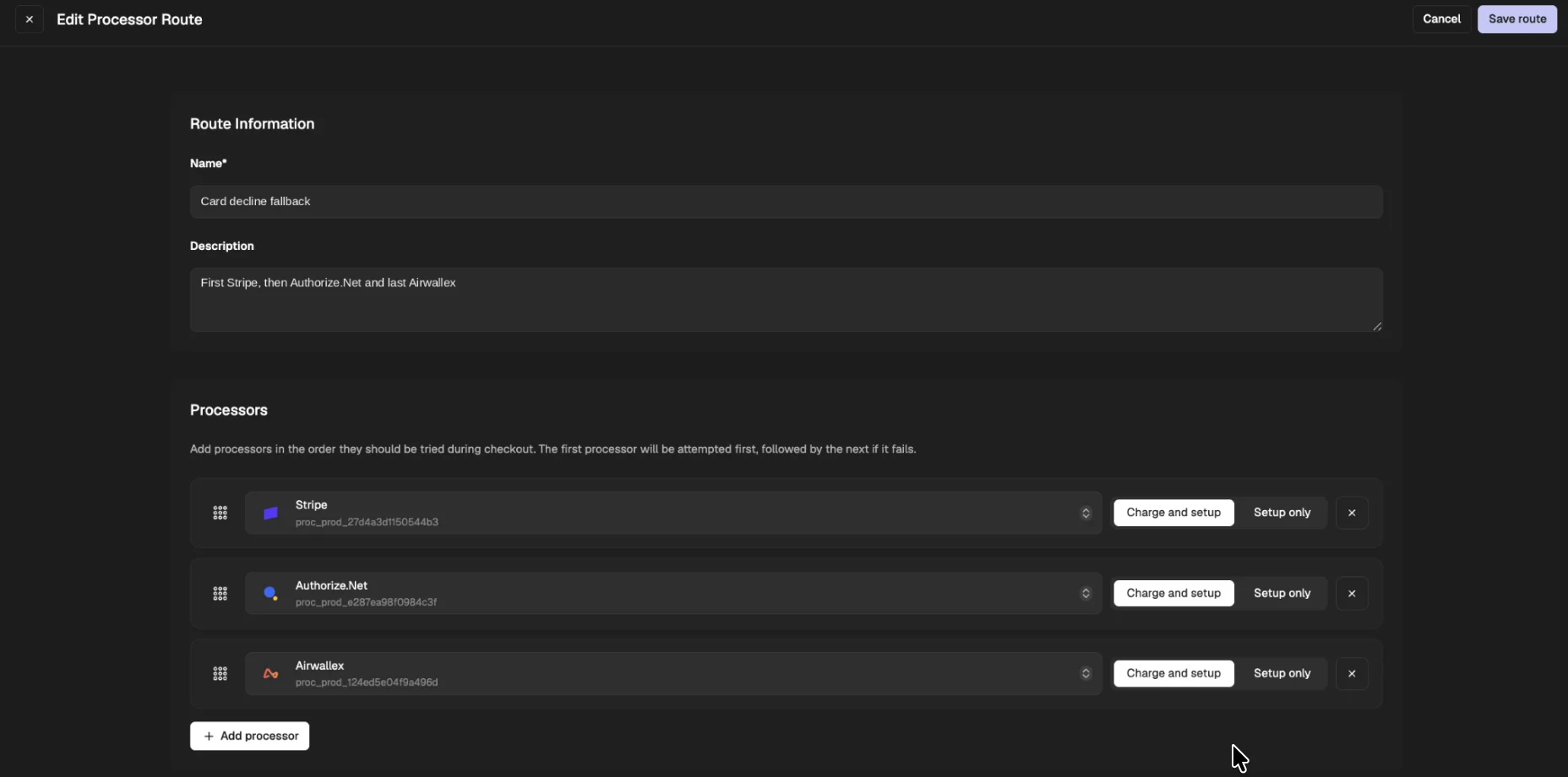 PaymentKit processor route with Stripe, Authorize.Net and Airwallex listed in order, each set to charge and store the credential