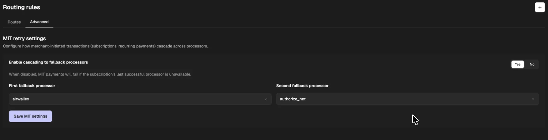PaymentKit MIT retry settings with cascading to fallback processors enabled and two fallback processors selected