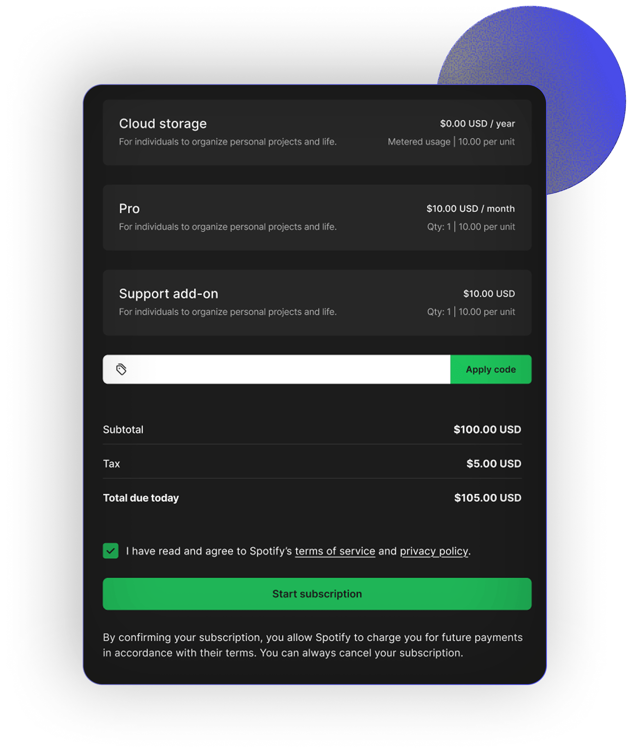 Tiered pricing, add-ons and promotions modeled on one plan