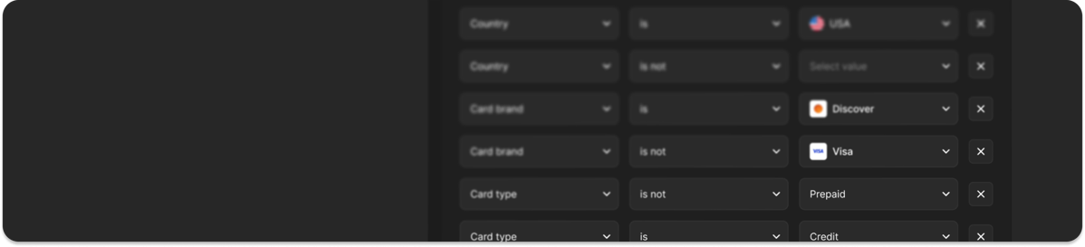 Subscription rules built from country, card brand and card type conditions